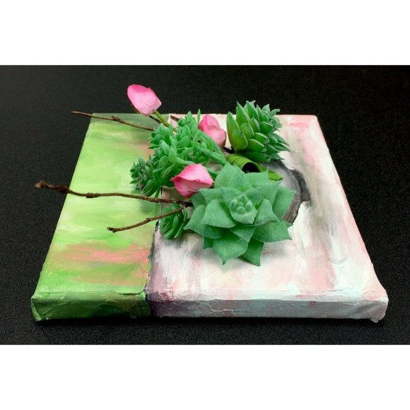 Succulent Plant Painting Original Acrylic Pink Green 6x6 Canvas Mixed Media - Picture 3 of 5